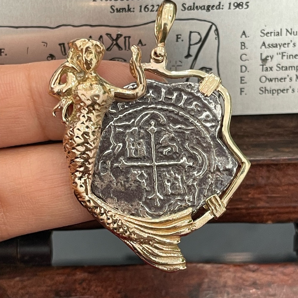 Atocha silver coin pendant in 14k solid gold mermaid bezel